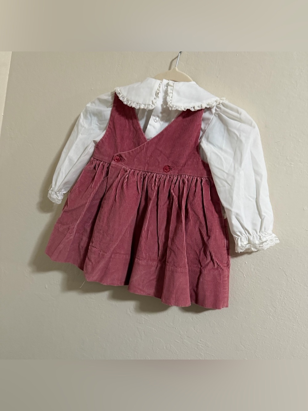 Vintage Toddler Girl 2-Piece Set Rose Pink Corduroy Pinafore & Lace Blouse 3T - Picture 11 of 14